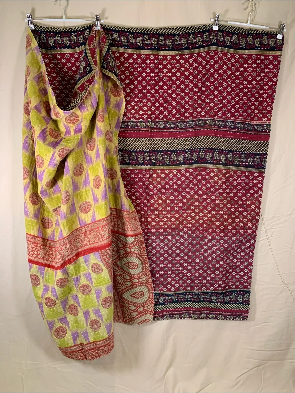 Handmade Kantha Quilt Twin Size Recycled Sari Cotton Maroon Chartreuse Purple